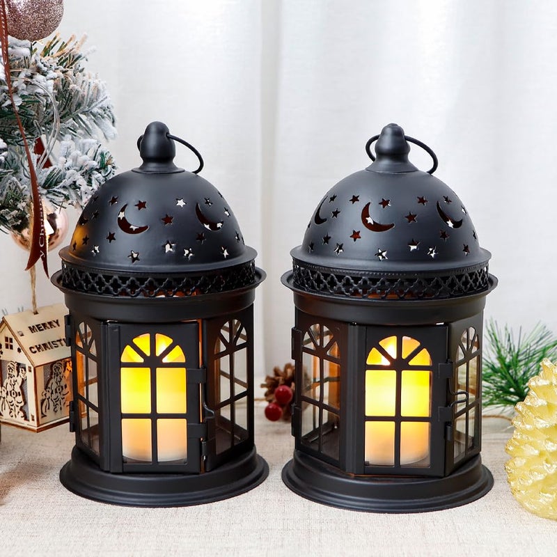 JHY DESIGN Set of 2 Decorative Lanterns-8.5inch High Vintage Style Hanging Lantern Metal Candle Holder for Indoor Outdoor Events Parities and Weddings (Black) - Image 5